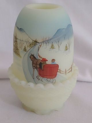 Vintage Fenton Hand Painted / Signed Fairy Light.  Winter Horse Drawn Sleigh.