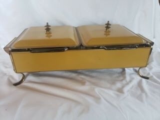 Mid Century Double Chafing Dish Fire King Pans Yellow 2 - 8x8 Glass Metal Candle
