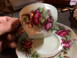 Jean Pouyat J.  P.  Limoges Hand Painted Porcelain Cup & Saucer Large Red Roses