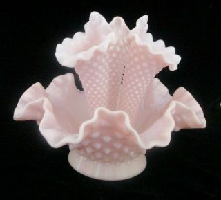 VTG Pink Rose Milk Glass Hobnail Trumpet Horn Epergne Vases Flower Center Piece 6
