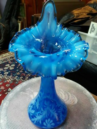 Fenton Blue Opalescent Daisy & Fern Jack In The Pulpit Vase & Rare