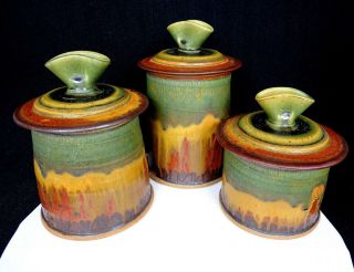 Studio Art Pottery Signed Earth Tones Drip Glaze Stoneware 3 Pc Canister Set