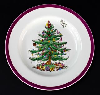 Copeland Spode Christmas Tree Magenta Rim Set Of 4 Dinner Plates 10 5/8 " Vintage