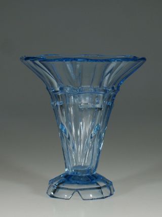 Vintage Deco Czech Glass Large Blue Geometric Vase With Flower Frog C.  1935