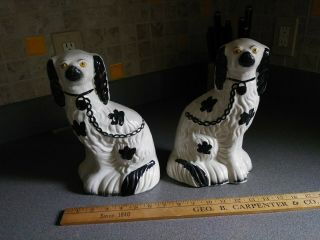 Antique Pair Staffordshire Dogs White Black Statues Figurines Spaniel Standing