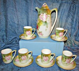 Antique Rs Germany Prussia Chocolate Pot 6 Cups 5 Saucers Roses Signed