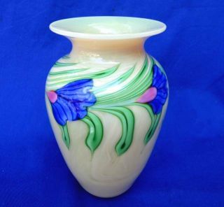 Signed Numbered Orient & Flume Art Glass Vase Blue Flowers Sticker