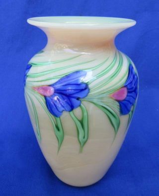 Signed Numbered Orient & Flume Art Glass vase blue flowers sticker 2