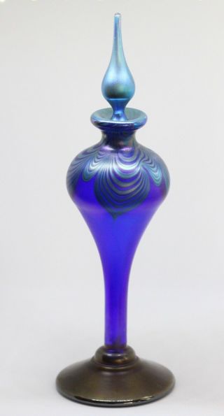 Okra Glass Tall Perfume Bottle,  Iridescent Blue And Green,  Signed,  1988