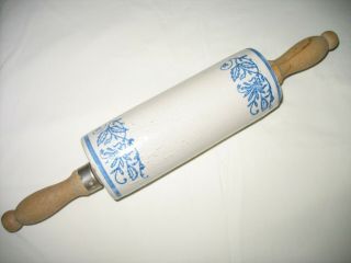 Antique Blue And White Stoneware Rolling Pin With Wood Handle