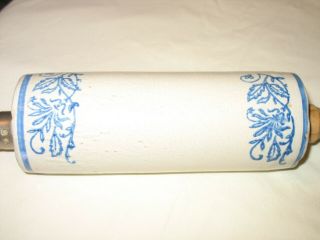 Antique Blue and White Stoneware ROLLING PIN with Wood Handle 2