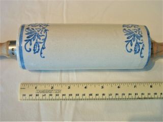 Antique Blue and White Stoneware ROLLING PIN with Wood Handle 3