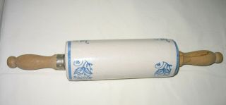 Antique Blue and White Stoneware ROLLING PIN with Wood Handle 4