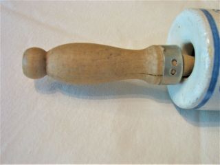 Antique Blue and White Stoneware ROLLING PIN with Wood Handle 5