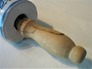 Antique Blue and White Stoneware ROLLING PIN with Wood Handle 6