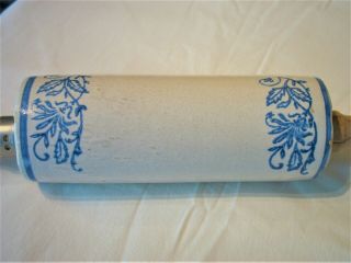 Antique Blue and White Stoneware ROLLING PIN with Wood Handle 8