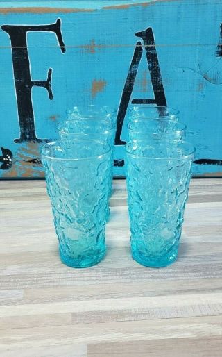 Vintage Anchor Hocking Lido Milano Aqua Crinkle Water/tea Glass Set Of 6 - 12oz