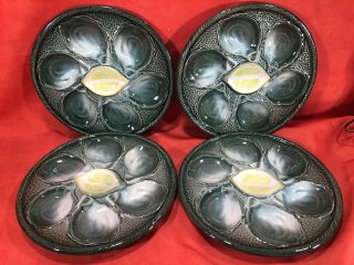 4 Antique French Oyster Plates - Green Majolica - Saint Clement