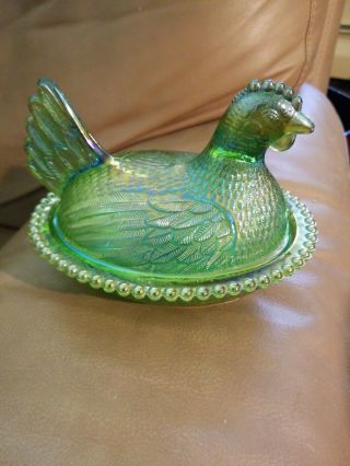 Hen On Beaded Nest Iridized Lime Green Indiana Carnival Glass Chicken Candy Dish