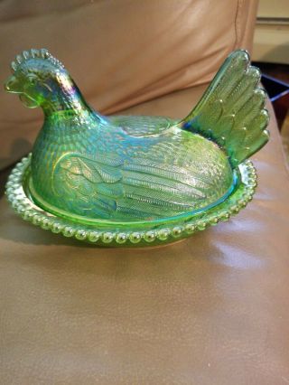 HEN ON BEADED NEST IRIDIZED LIME GREEN INDIANA CARNIVAL GLASS CHICKEN CANDY DISH 2