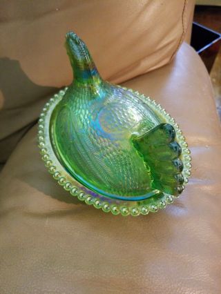 HEN ON BEADED NEST IRIDIZED LIME GREEN INDIANA CARNIVAL GLASS CHICKEN CANDY DISH 6