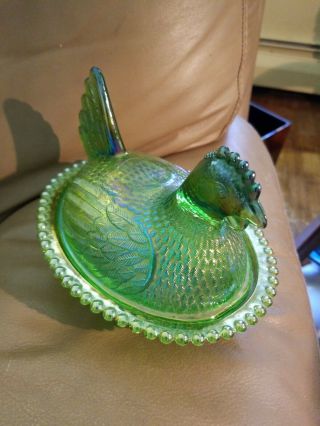 HEN ON BEADED NEST IRIDIZED LIME GREEN INDIANA CARNIVAL GLASS CHICKEN CANDY DISH 7