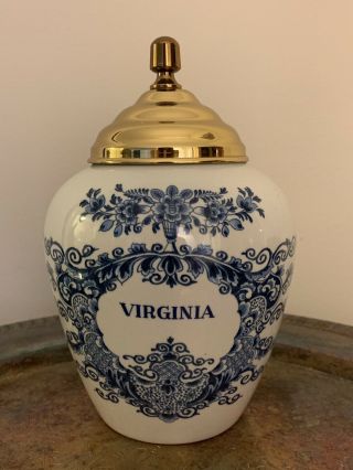 Blue Delft Holland Virginia Tobacco Jar,  Brass Lid 7.  5 " H Royal Goedewaagen