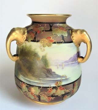 Antique Nippon 6 " Lake Scene Hand Painted Gold Gilt Elephant Leaf Porcelain Vase