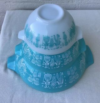 Vtg Pyrex Amish Butterprint Turquoise Nesting Cinderella Mixing Bowl 3 Pc.  Set