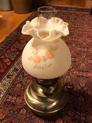 Vintage Fenton Custard Glass Lamp With Hand Painted Roses D.  Robinson
