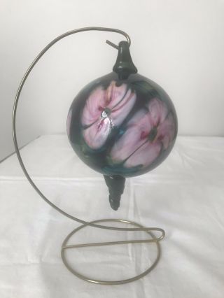 Charles Lotton Large Art Glass Ornament Ball With Stand Signed 2002