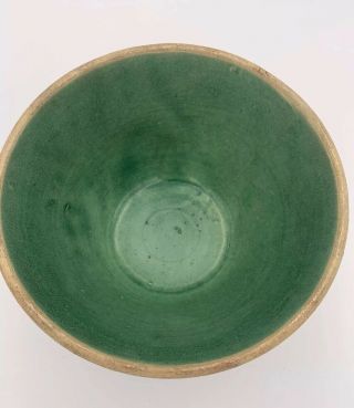 Antique Primitive Green Yelloware Pottery Stoneware Mixing Bowl Marked 7 RARE 4