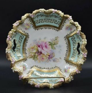 Rs Prussia Stipple Floral Mold Green Greek Key Roses 11 " Handled Cake Plate
