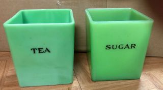 2 Vintage Jeannette Jadite Jadeite Square Tea & Sugar Canisters No Lids