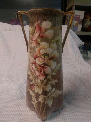 Hand Painted Nippon Vase With Gold Embellishment.  2 Handle.  12 Inches Tall.