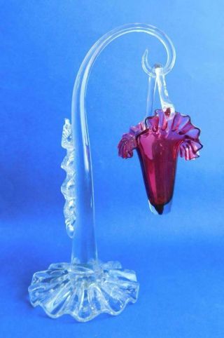 Victorian English Art Glass Hanging Cranberry Basket Epergne Vase & Stand