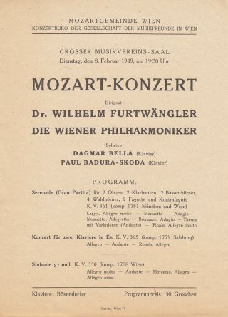 Wilhelm FurtwÄngler Vienna Philharmonic Orchestra Mozart 1949 Dagmar Bella Progr