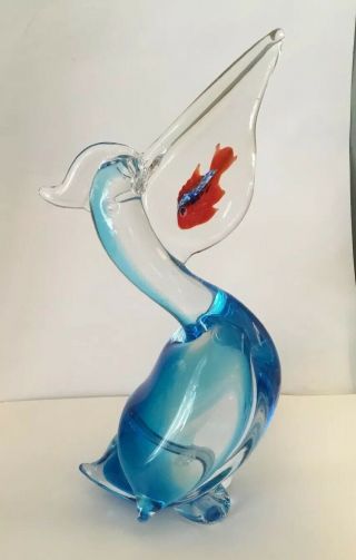 Murano Style Italy Art Glass Pelican With Fish Aquarium Mouth Stunning