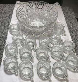 Vintage Clear Glass Punch Bowl With 16 Cups