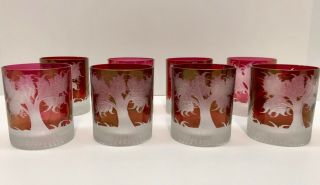 Set 8 Ruby Red Cut To Clear Wildlife 3.  5 " Old Fashion Whiskey Glasses Bohemian
