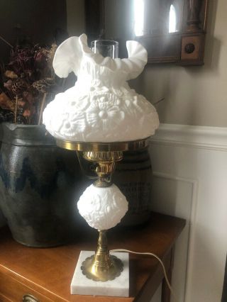 Vintage Fenton White Milk Glass Poppy Hurricane Student Table Lamp 20 1/2”