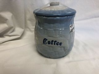 C1920 Blue And White Stoneware Coffee Canister Jar Brush Mccoy Basketweave