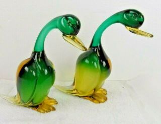Vintage Murano Glass Ducks - Murano Green & Yellow Glass Ducks