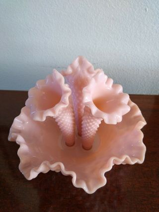 Vintage Pink Milk Glass Hobnail Trumpet Epergne Vases Apartment Size