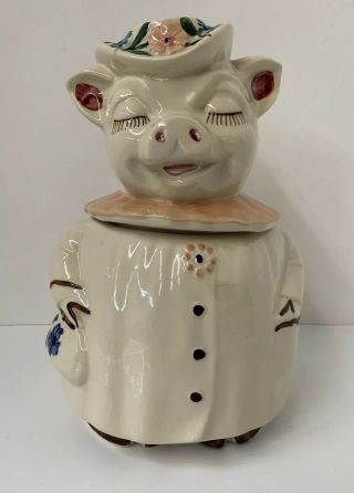 Vintage Shawnee Pottery Winnie The Pig Pink Peach Collar Cookie Jar Blue Flowers
