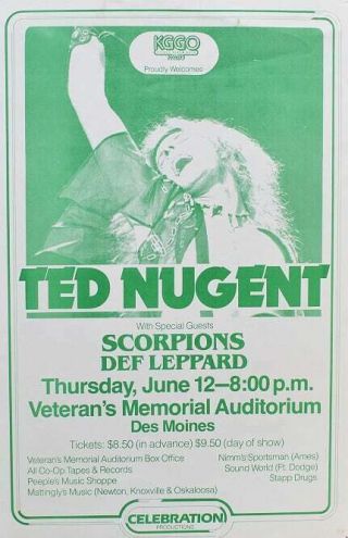 Ted Nugent Concert Poster Des Moines 1980