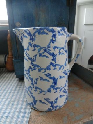 Antique Blue & White Sponge Ware Pitcher From The 1800 