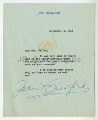 Joan Crawford - Classic Hollywood Actress - Signed Letter (tls),  1964