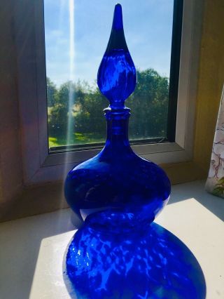 Vintage 13 " Cobalt Deep Blue Glass Genie Bottle,  Squat Italy Decanter Empoli