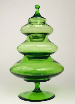Vintage Empoli Italian Green Glass Stacking Christmas Tree Candy Jar Art Glass